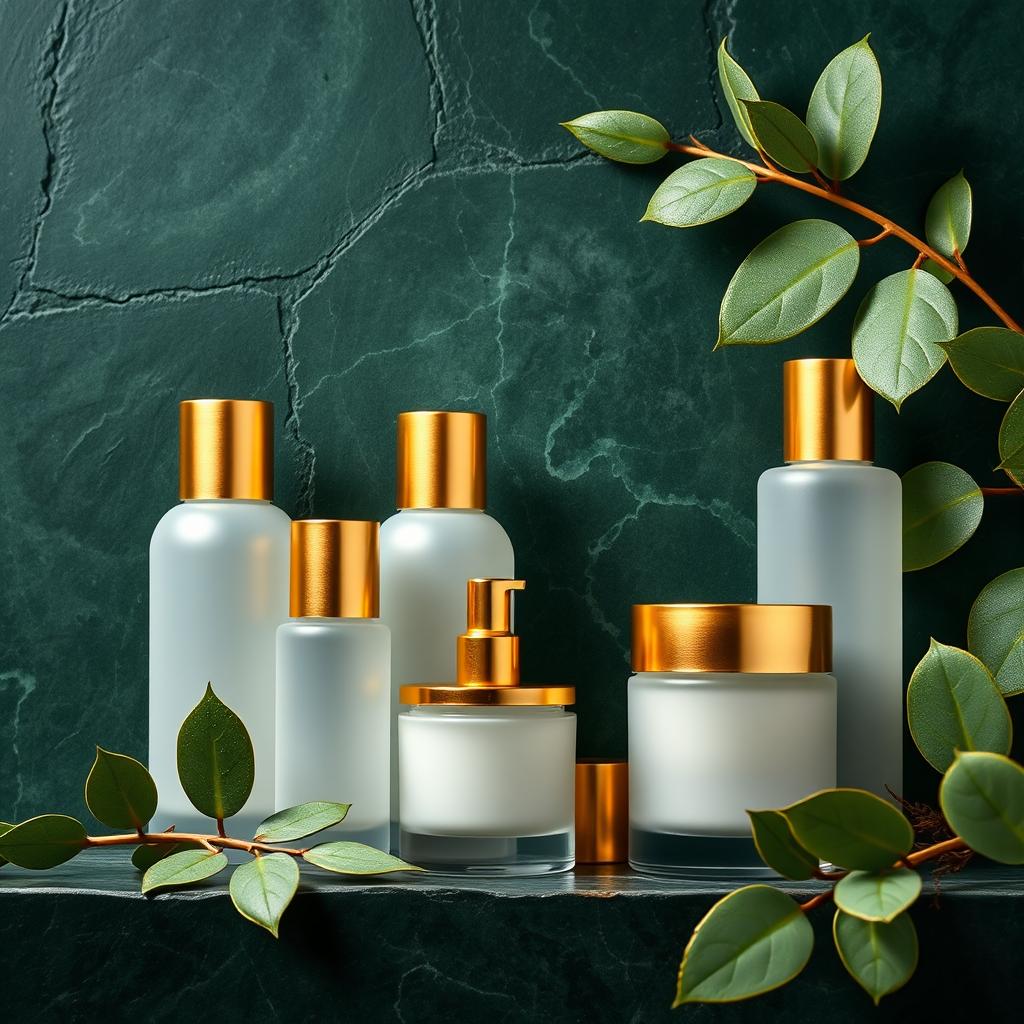 Колекція преміальних косметичних засобів Annet&Beauty на темно-зеленому мармурі з евкаліптом